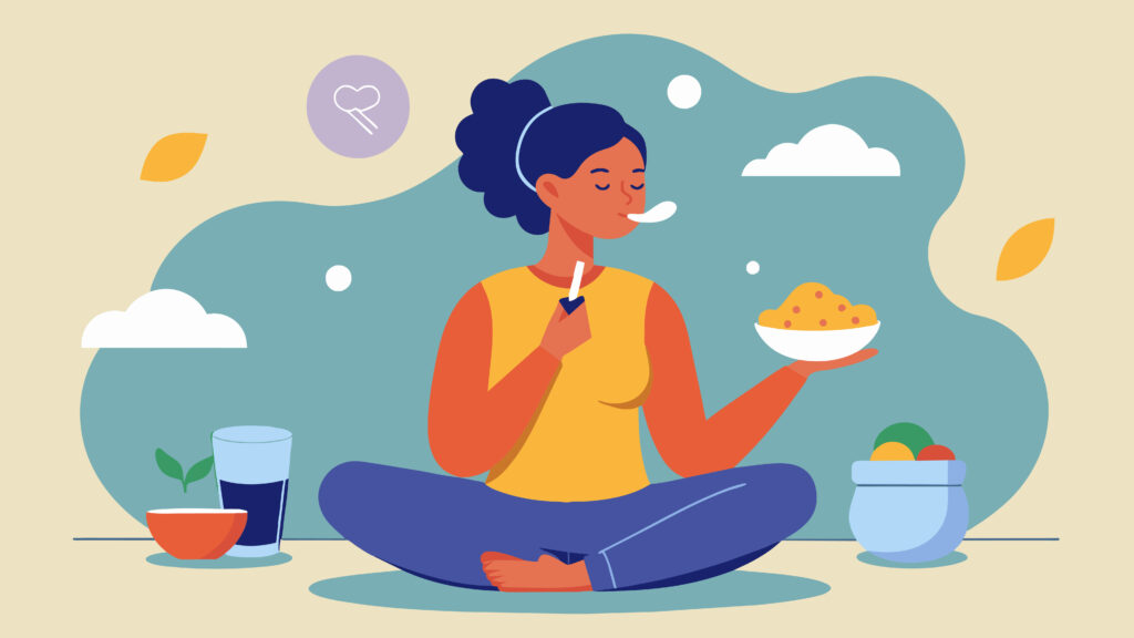 Mulher praticando mindful eating, comendo de forma consciente e tranquila.