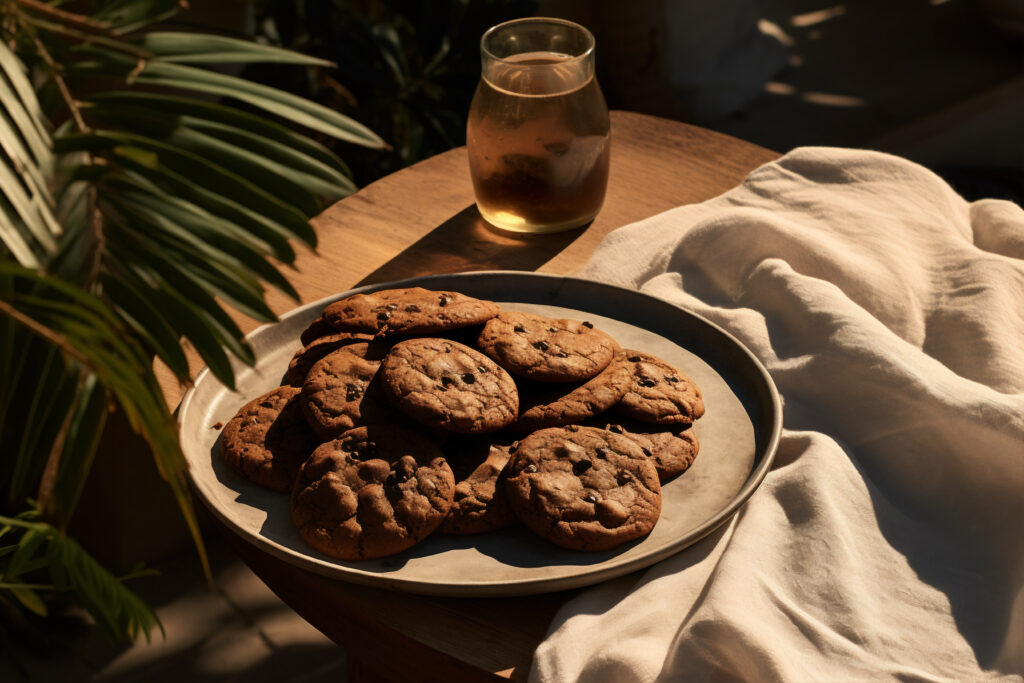 Cookies de amêndoas com gotas de chocolate amargo em uma bandeja de metal, servidos ao lado de um copo de chá em uma mesa de madeira ao ar livre.