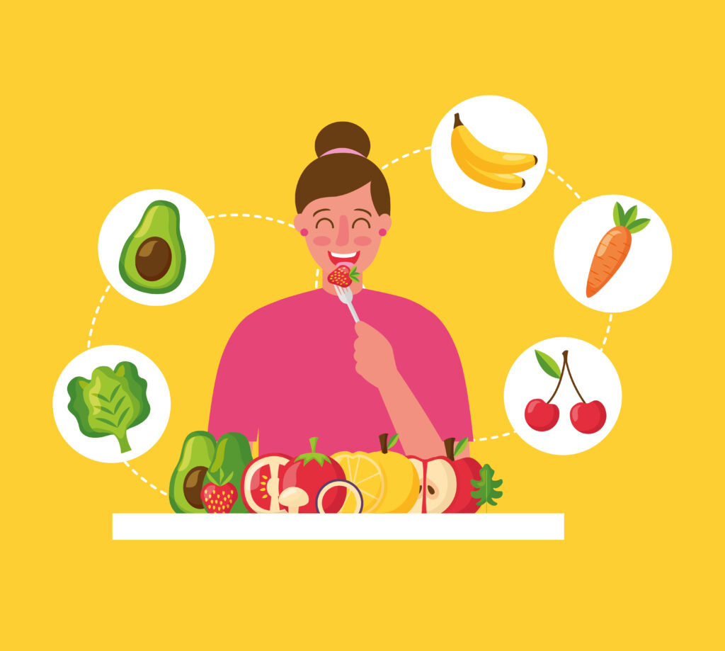 Ilustração de mulher feliz comendo alimentos saudáveis e low carb.