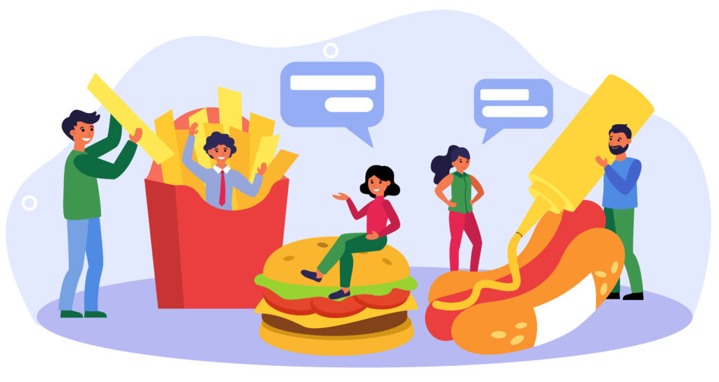 Ilustração de pessoas comendo fast food, como batata frita, hambúrguer e hot dog.