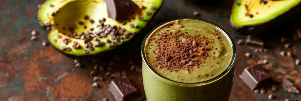 Mousse de abacate com cacau servido em um copo, decorado com cacau em pó e gotas de chocolate, com abacates e pedaços de chocolate ao fundo.