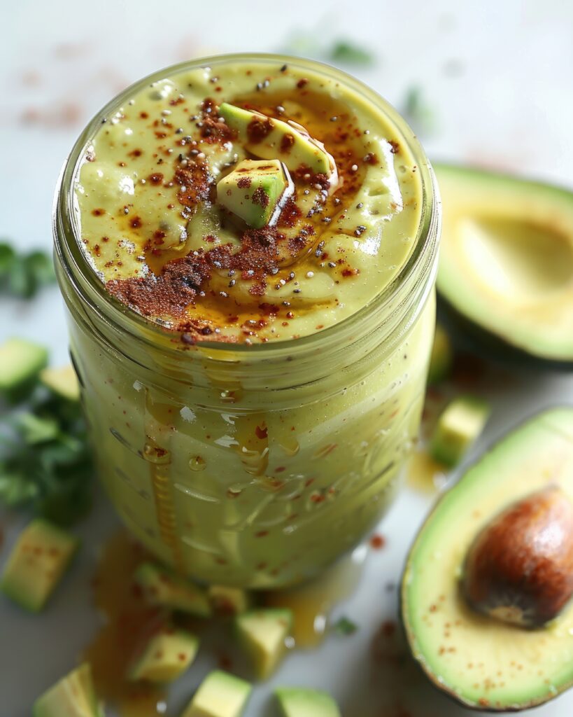 Smoothie de abacate com cacau servido em um copo de vidro, decorado com pedaços de abacate e polvilhado com cacau, acompanhado de abacates cortados ao fundo.