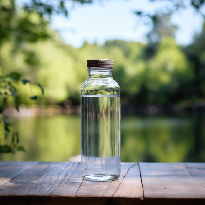 Garrafa de água em um ambiente natural, destacando a importância da hidratação para o bem-estar.