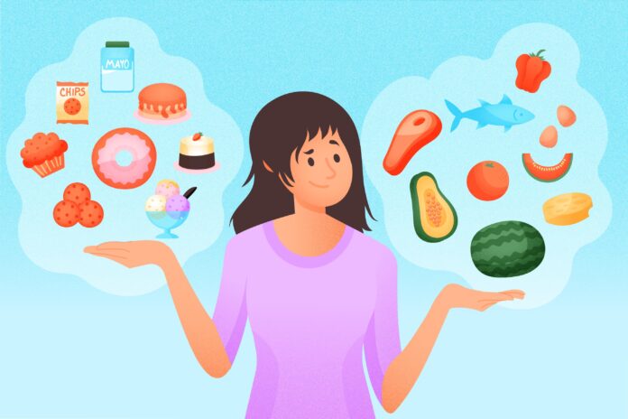 Ilustração de uma mulher ponderando entre alimentos saudáveis, como frutas e peixes, e opções ultraprocessadas, como doces e salgadinhos, simbolizando a escolha alimentar influenciada por fatores psicológicos.