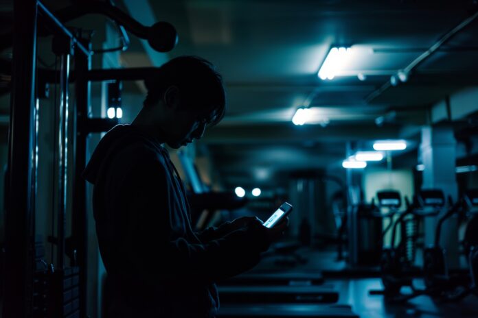 Homem usando o celular em uma academia durante a noite, representando treino noturno e planejamento alimentar.